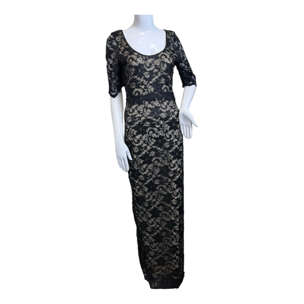 Belle Badgley Mischka Evening Dress women’s size 10 black lace over nude fabric